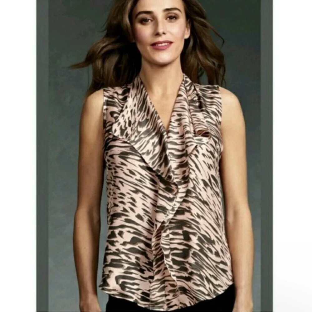 CAbi 100% Silk Pink Zebra Striped Ruffled Sleeveless Blouse Women’s Size XS